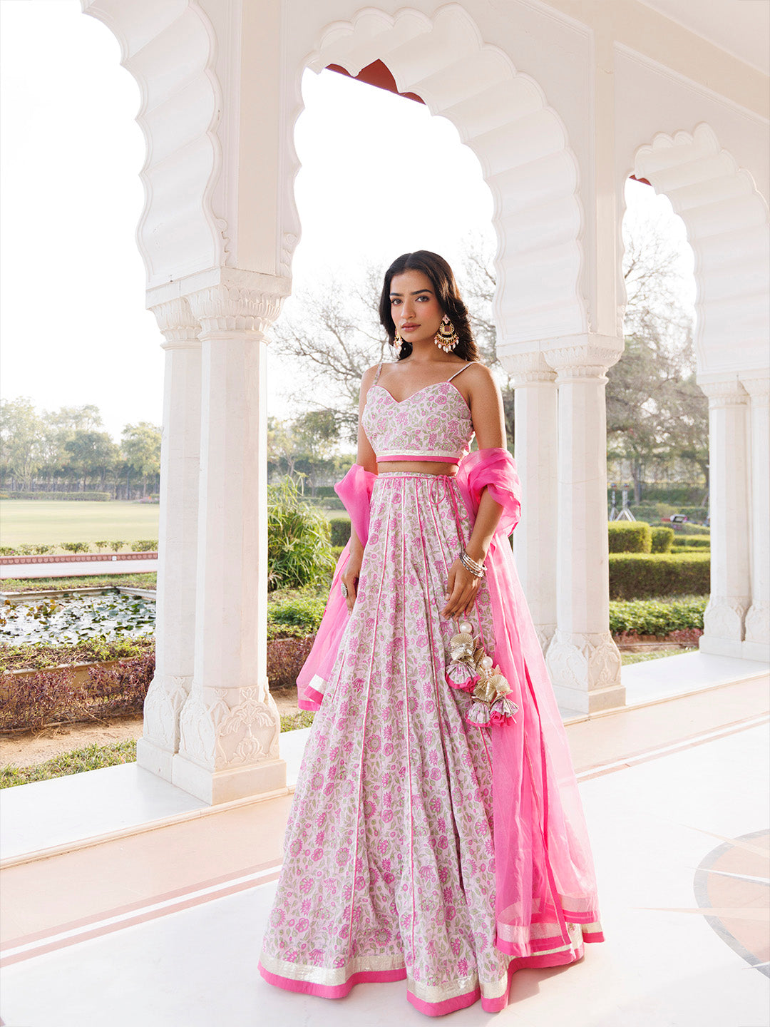 Mauve Chalk Pink Cotton Hand Printed Lehenga Set