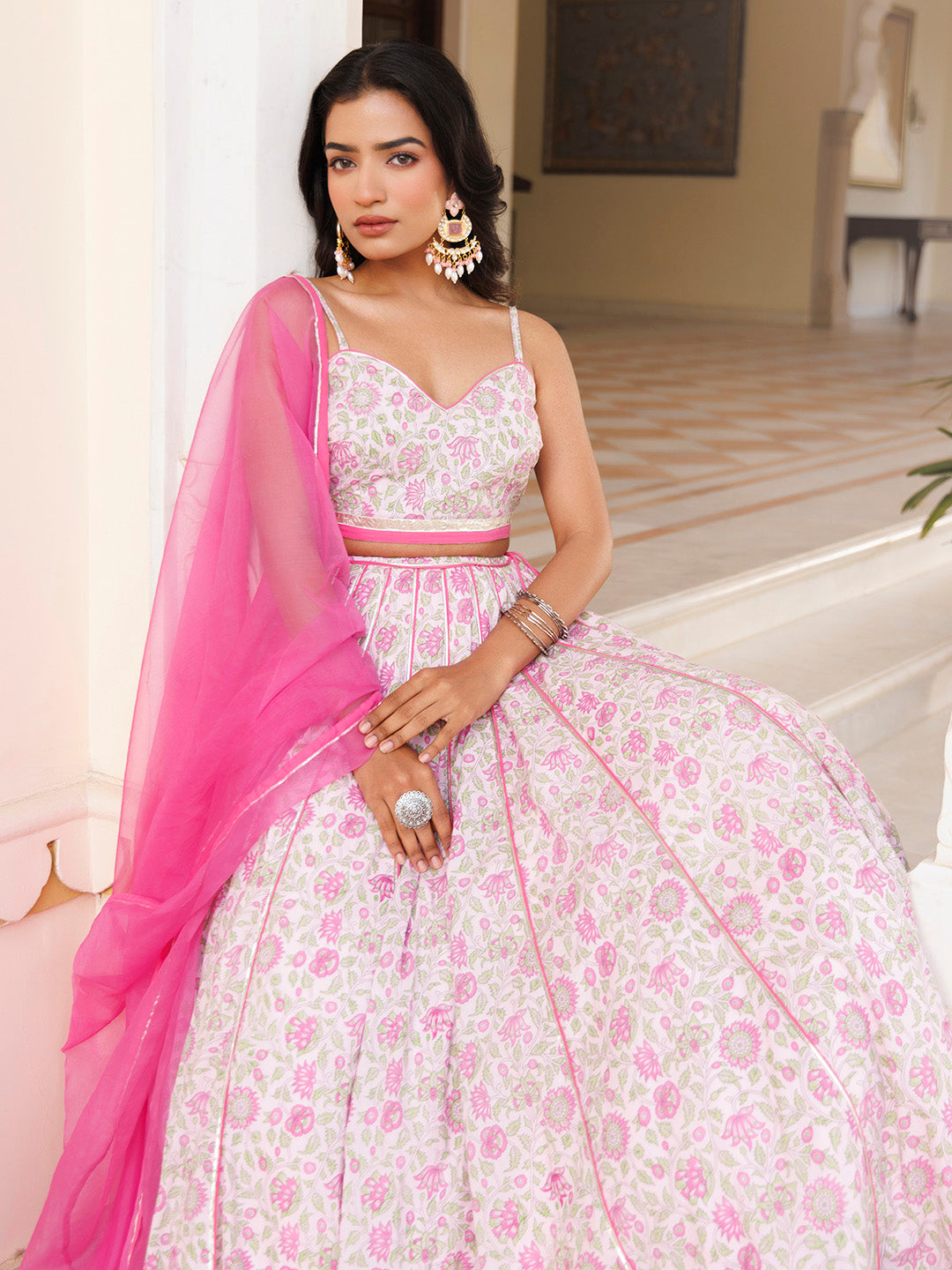 Mauve Chalk Pink Cotton Hand Printed Lehenga Set