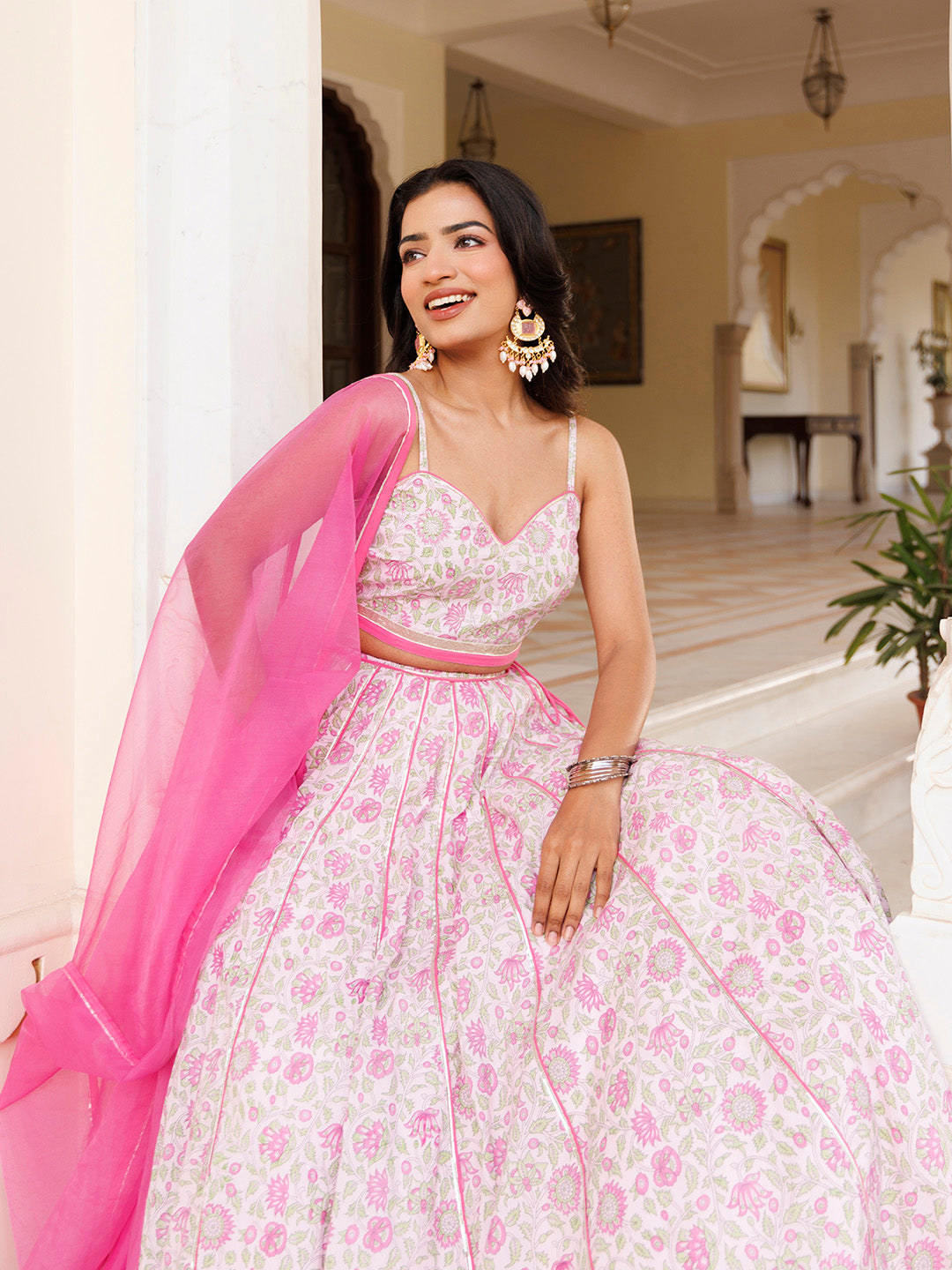 Mauve Chalk Pink Cotton Hand Printed Lehenga Set