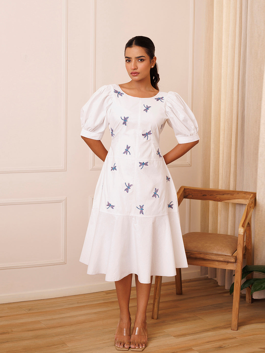 Dragonfly Embroidered Cotton Dress - By Ragavi - qivii