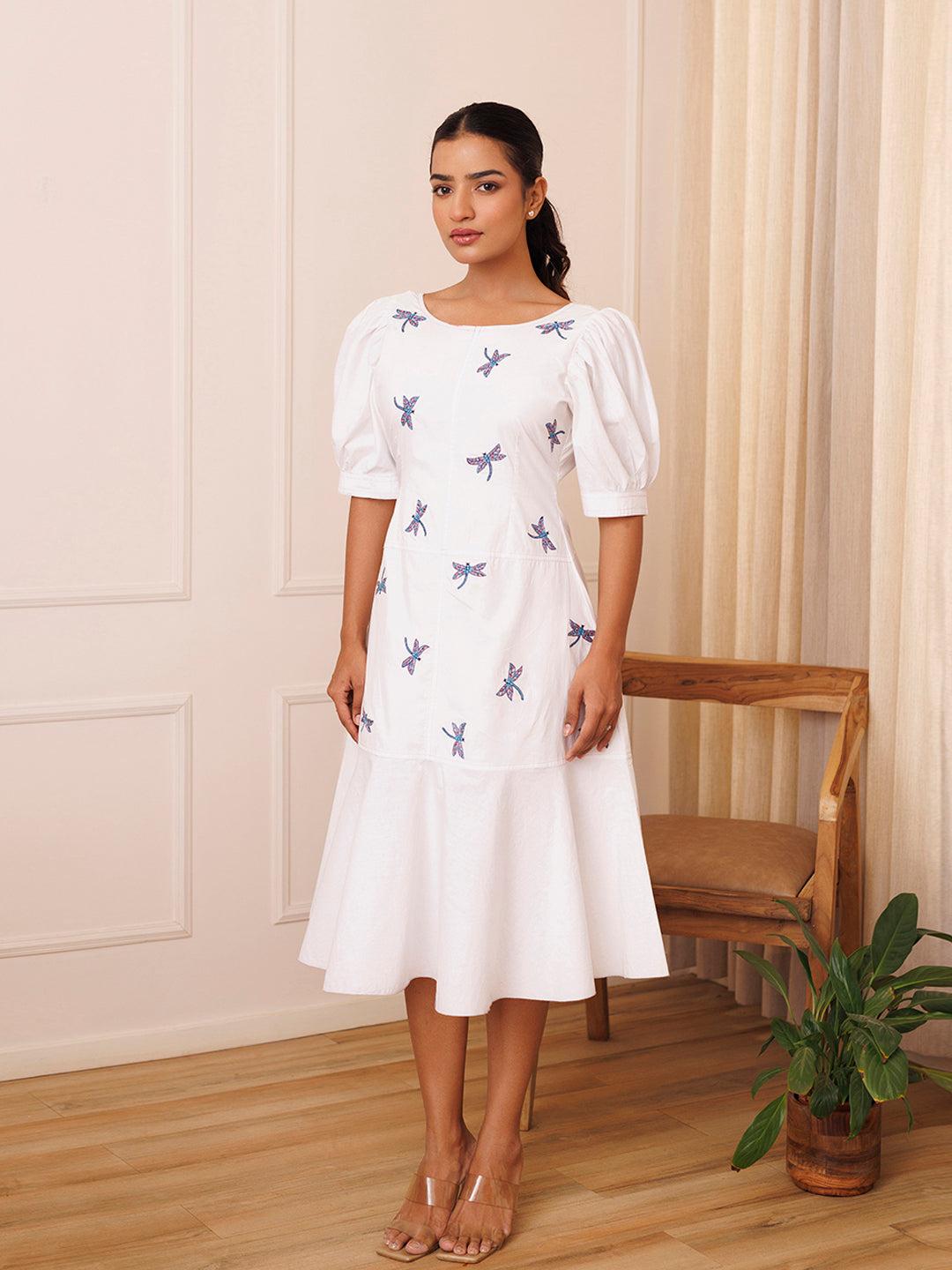 Dragonfly Embroidered Cotton Dress - By Ragavi - qivii