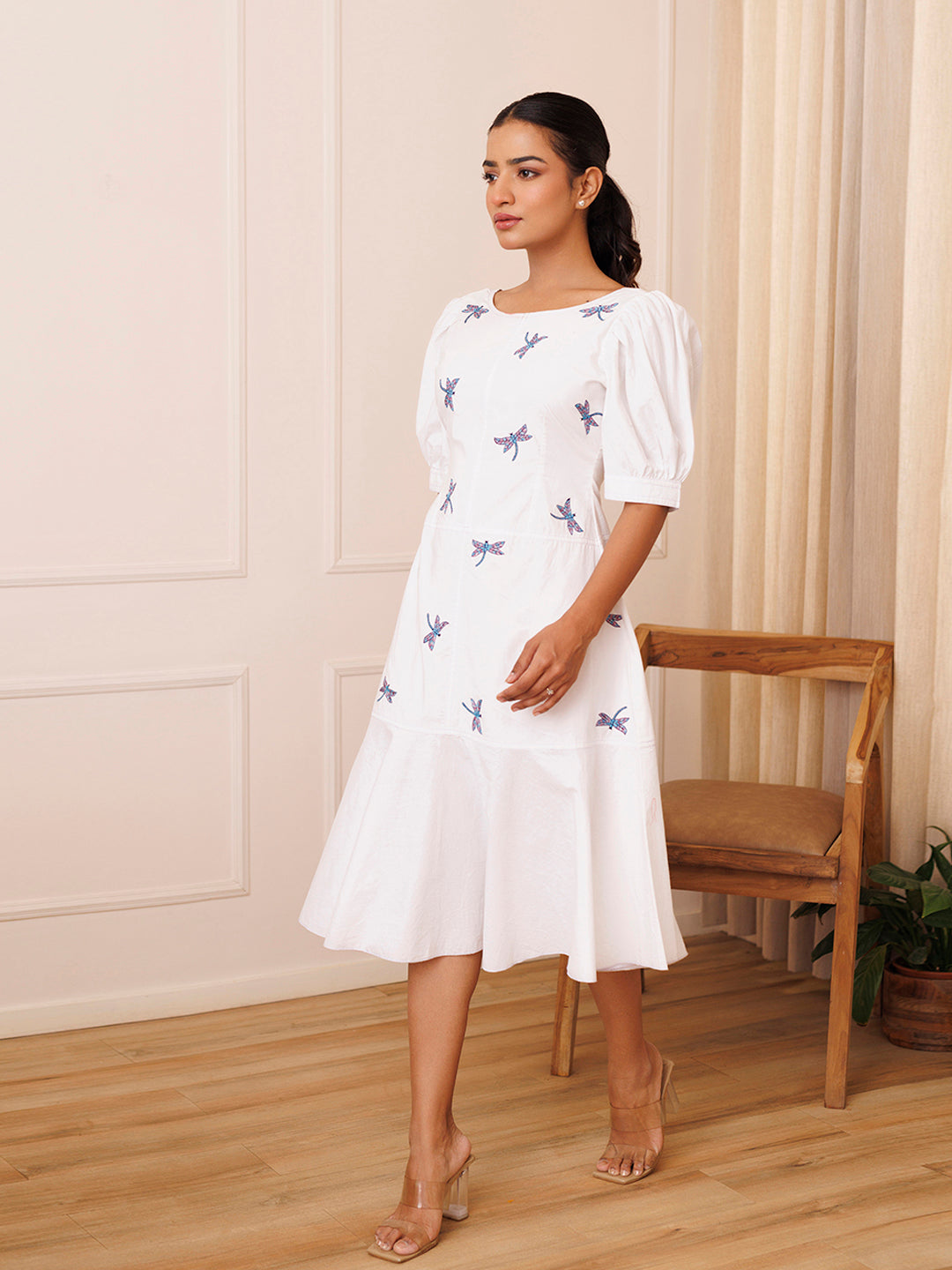 Dragonfly Embroidered Cotton Dress - By Ragavi - qivii
