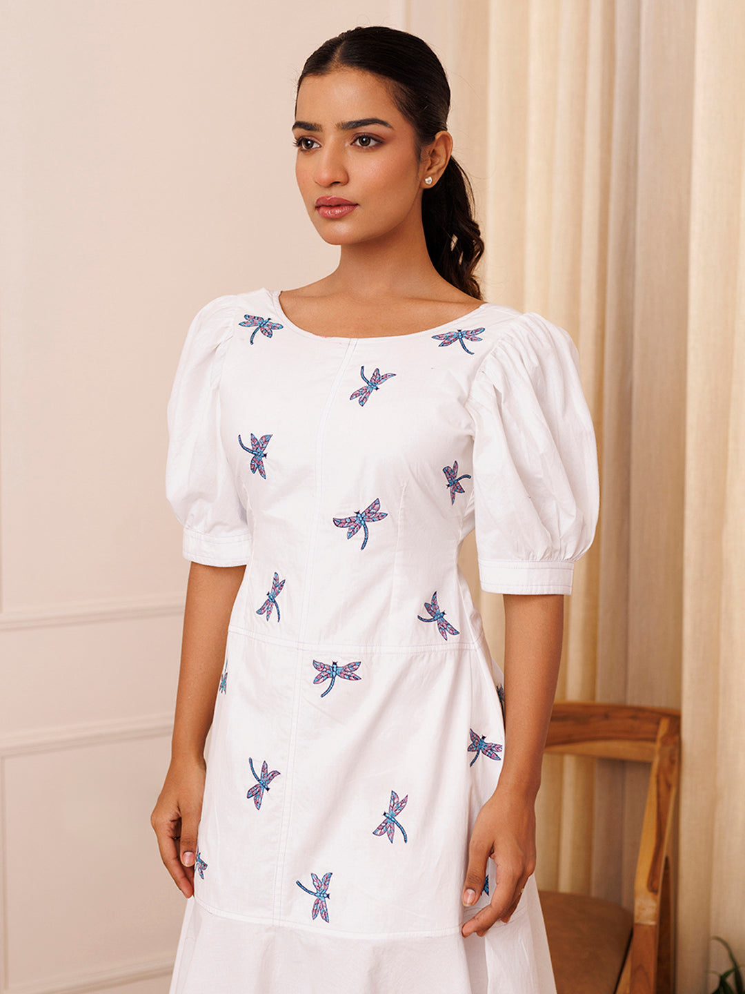 Dragonfly Embroidered Cotton Dress - By Ragavi - qivii