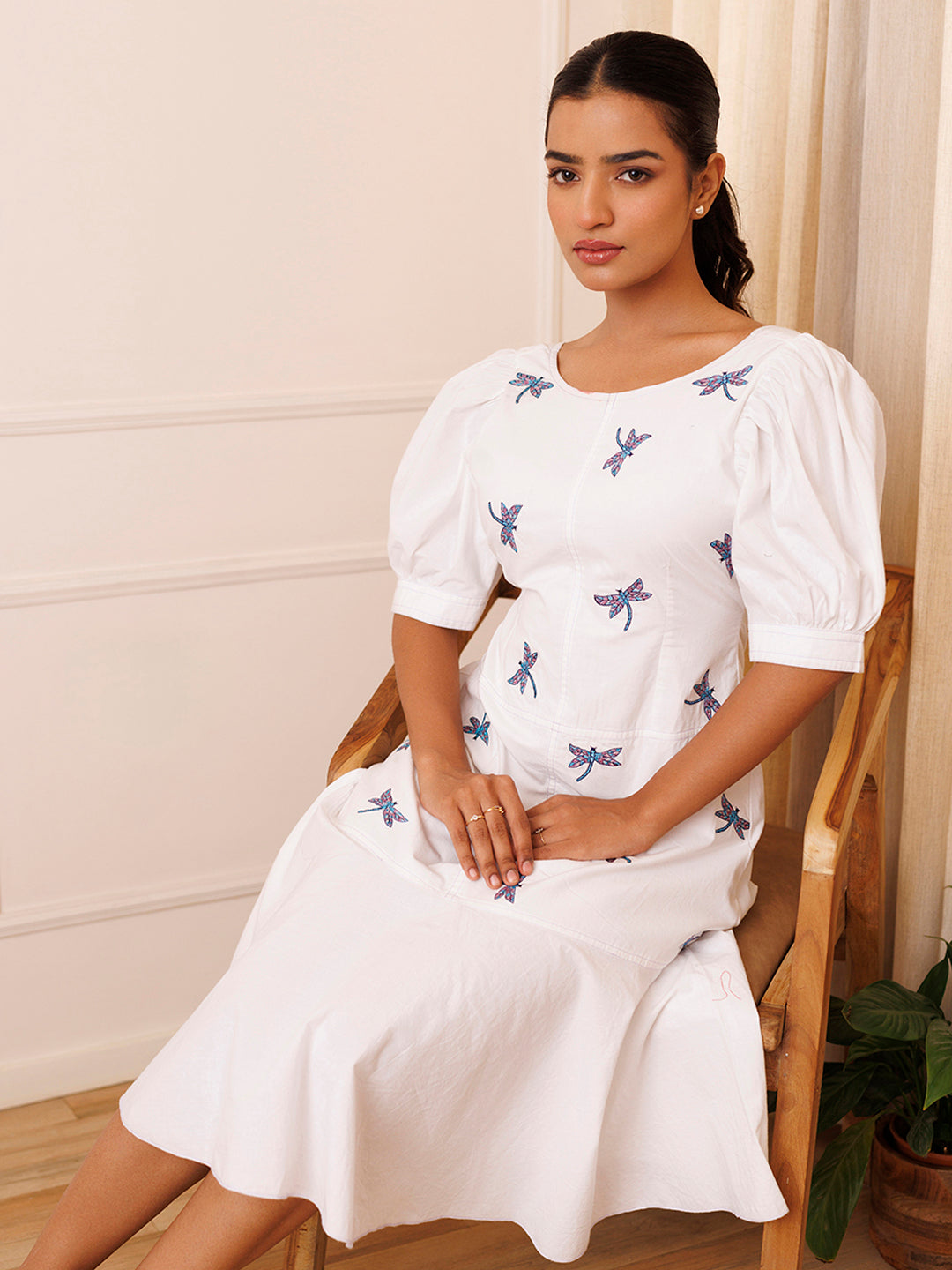 Dragonfly Embroidered Cotton Dress - By Ragavi - qivii
