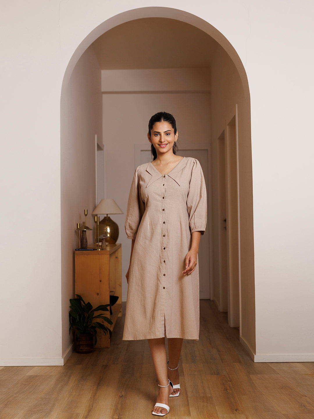 Taupe Linen Midi Dress - By Ragavi - qivii