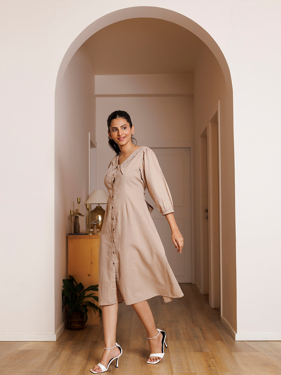 Taupe Linen Midi Dress - By Ragavi - qivii