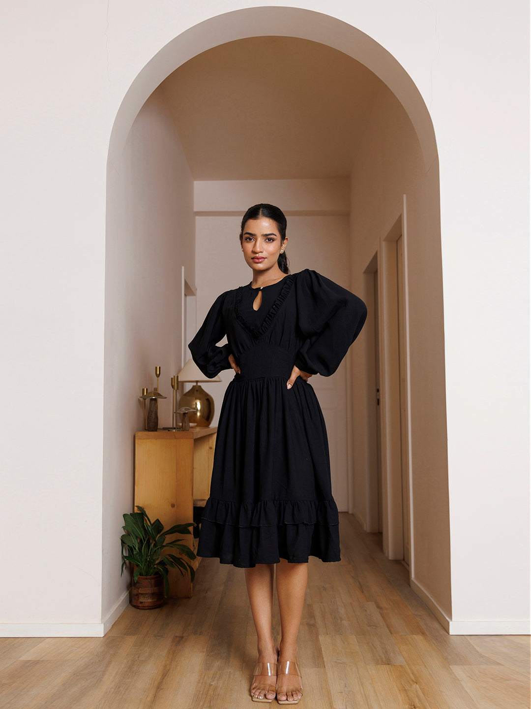 Black Velvet Petunia Cotton Midi Dress - By Ragavi - qivii