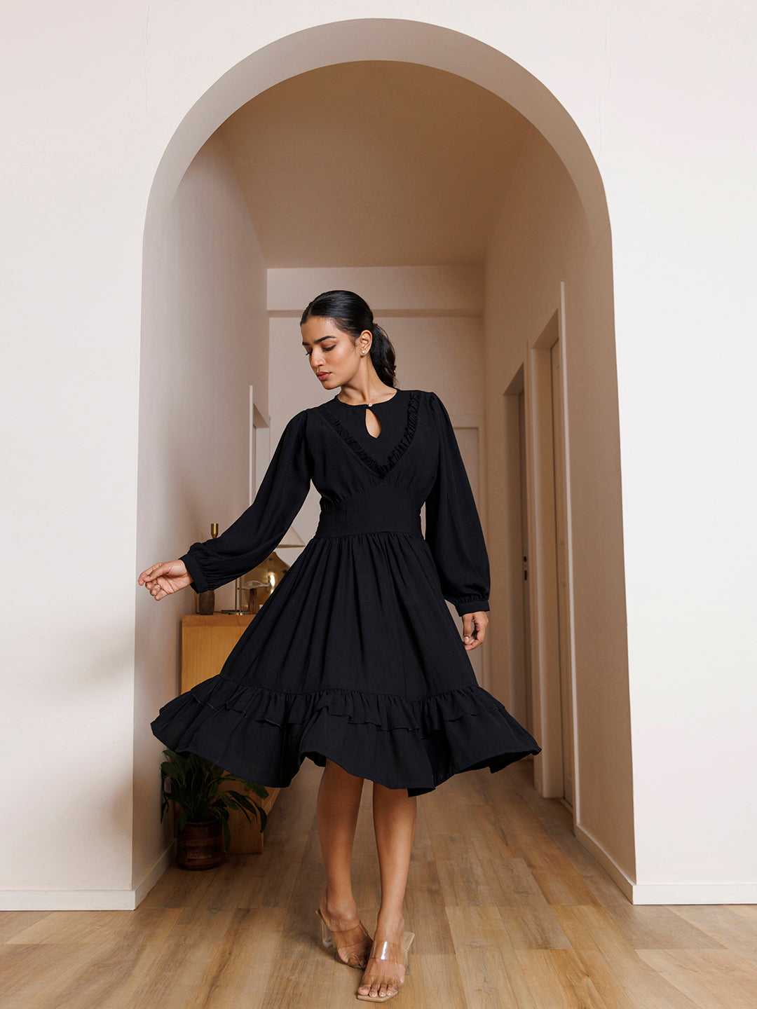 Black Velvet Petunia Cotton Midi Dress - By Ragavi - qivii