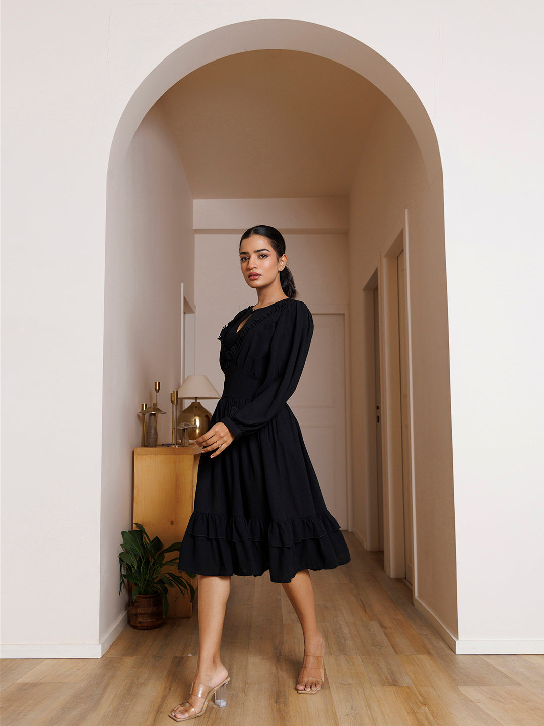 Black Velvet Petunia Cotton Midi Dress