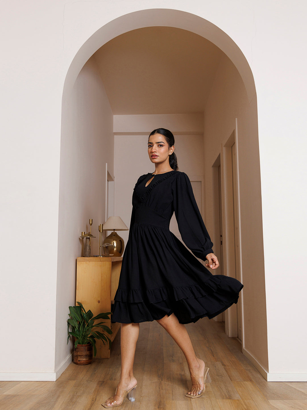 Black Velvet Petunia Cotton Midi Dress - By Ragavi - qivii