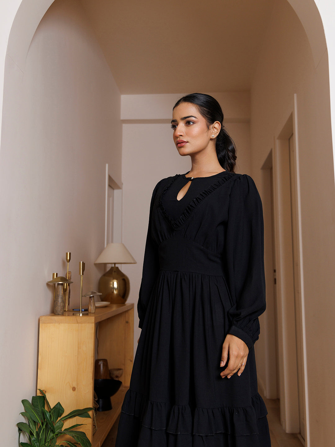 Black Velvet Petunia Cotton Midi Dress - By Ragavi - qivii