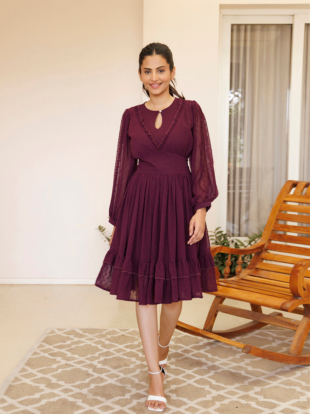 Dendrobium Orchid Pink Chiffon Midi Dress