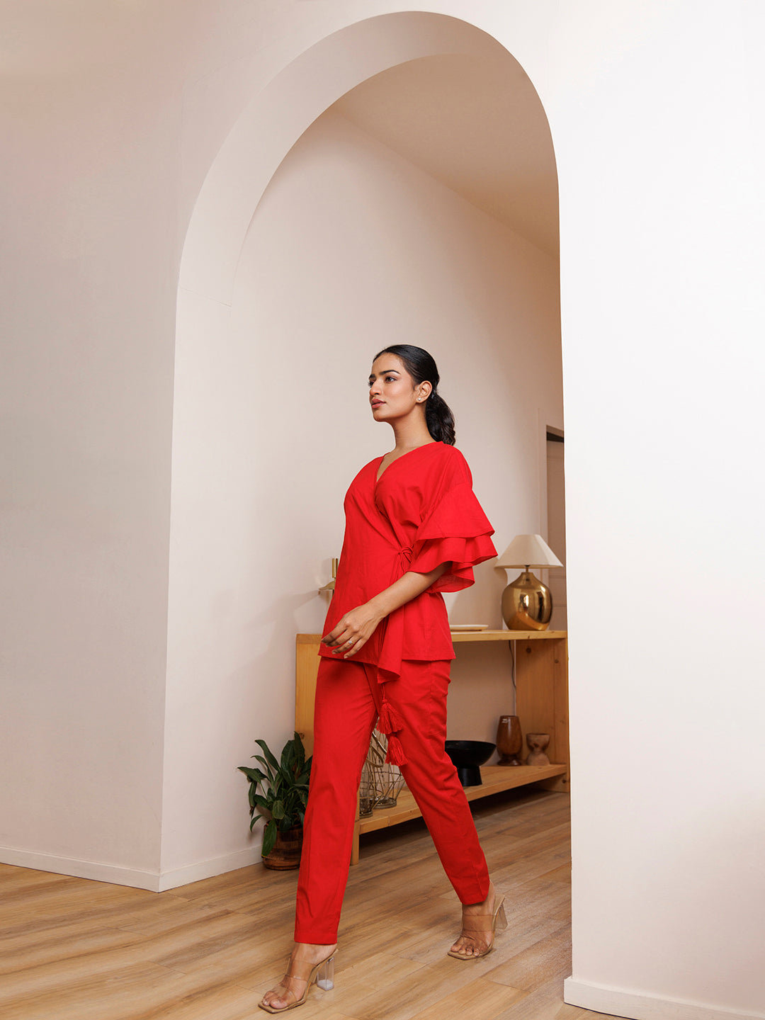 Scarlet Bee Balm Red Cotton Co- Ord Set - By Ragavi - qivii
