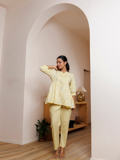 Witch Hazel Yellow Cotton Printed Co -Ord Set by ragavi