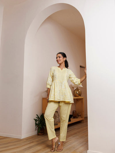 Witch Hazel Yellow Cotton Printed Co -Ord Set by ragavi