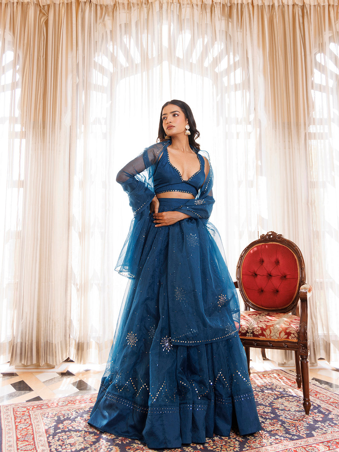 Mosaic Blue Organza Mukaish Work Lehenga Set - By Ragavi - qivii