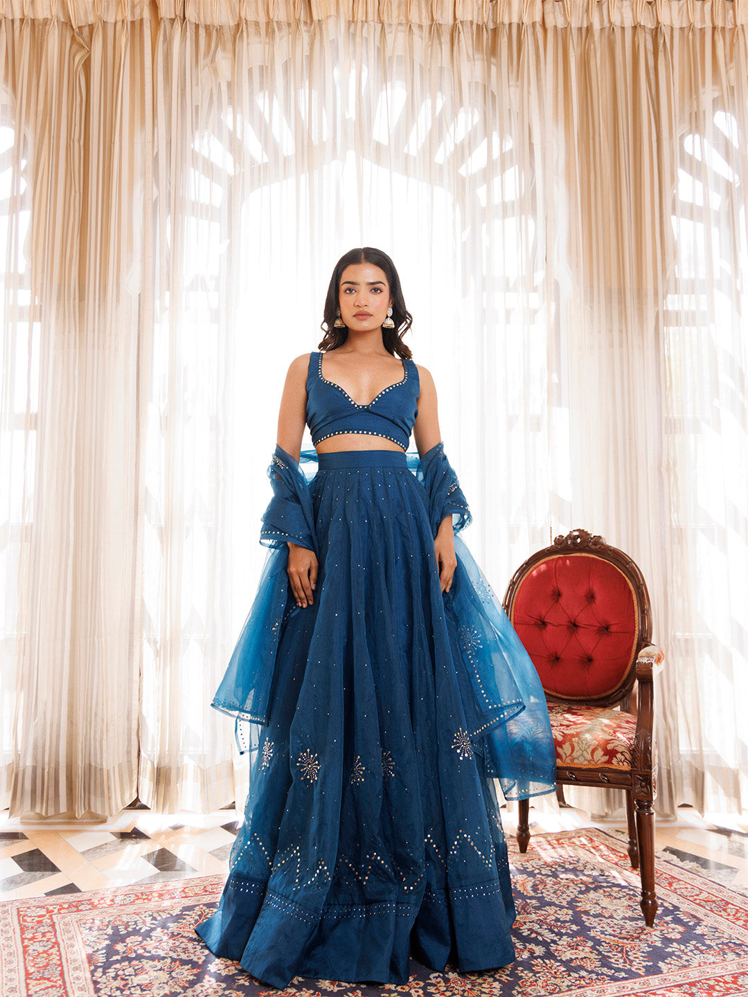 Mosaic Blue Organza Mukaish Work Lehenga Set - By Ragavi - qivii