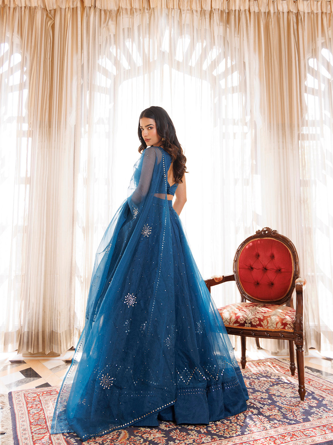 Mosaic Blue Organza Mukaish Work Lehenga Set