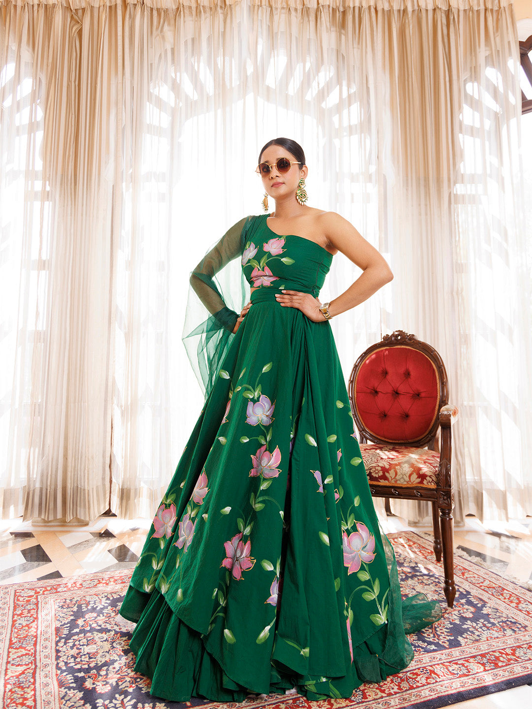 Water Garden Green Brushpainted Cotton Lehenga Set - By Ragavi - qivii