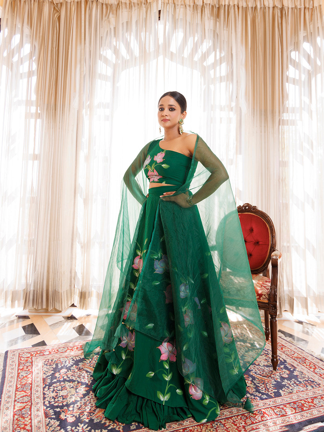 Water Garden Green Brushpainted Cotton Lehenga Set - By Ragavi - qivii