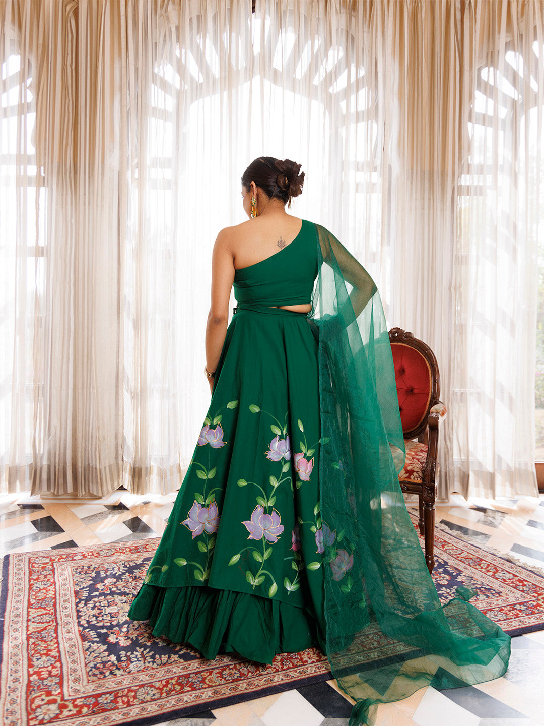 Water Garden Green Brushpainted Cotton Lehenga Set - By Ragavi - qivii