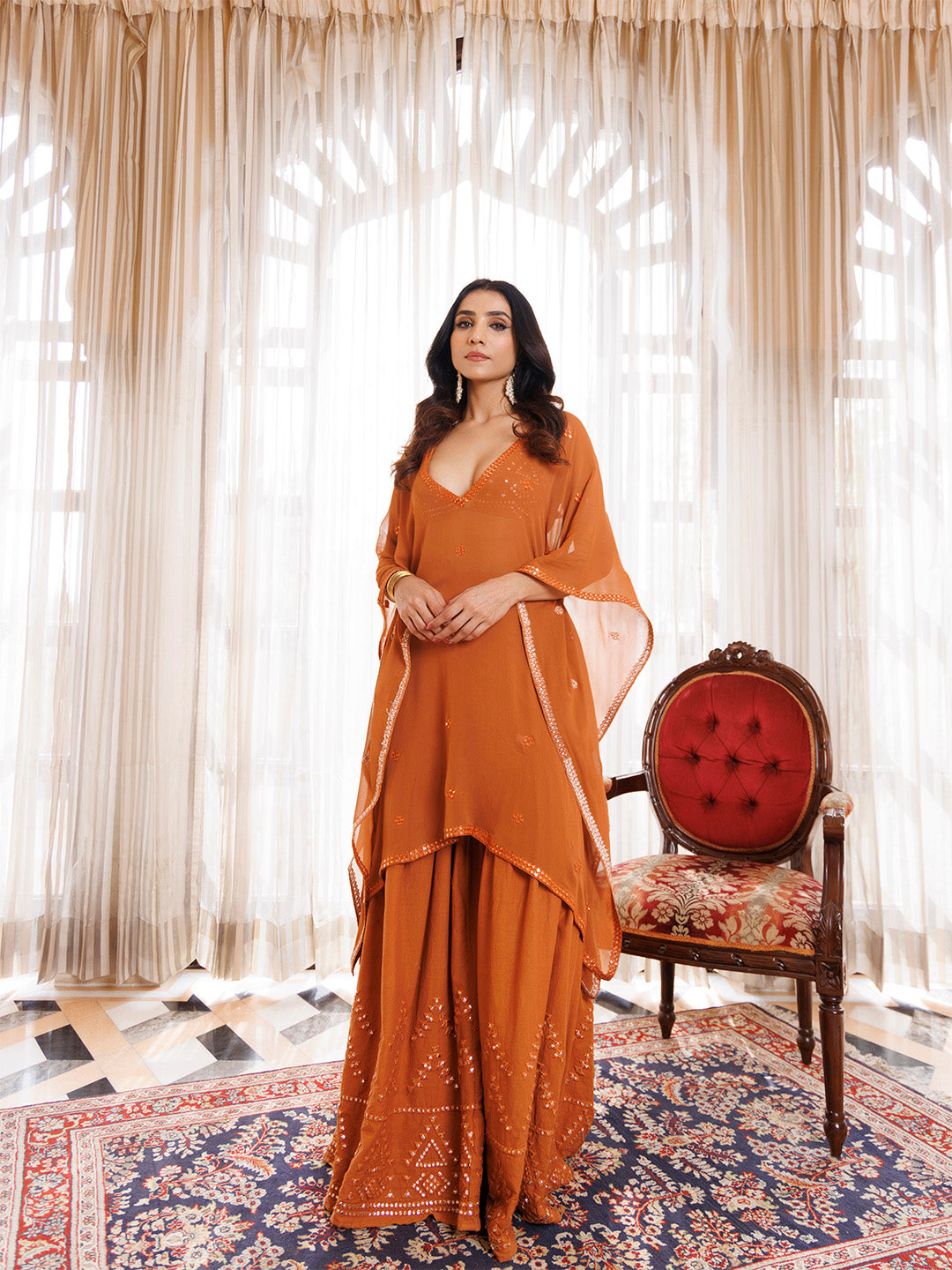 Rustic Brown Cotton Embroidered Garara Set - By Ragavi - qivii