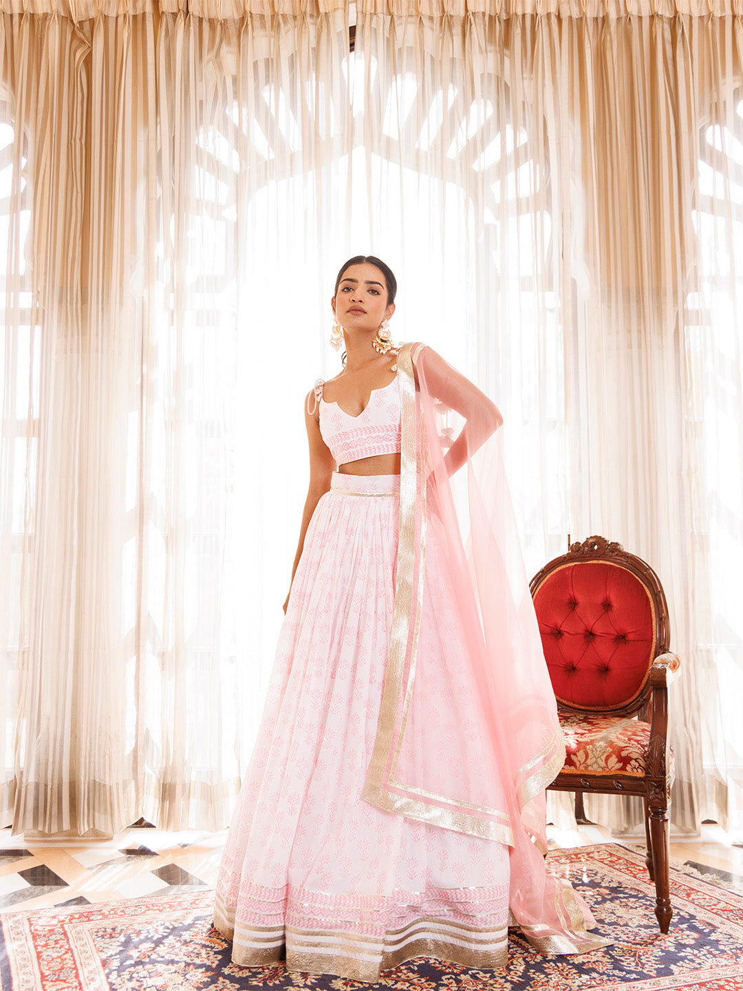 Barely Pink and White Handblock Printed Cotton Lehenga Set - By Ragavi - qivii