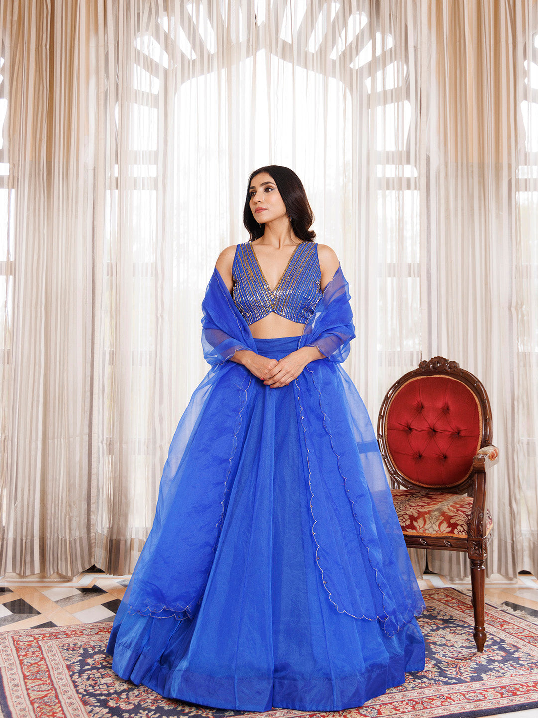 Dazzle Blue Organza Lehenga Set - By Ragavi - qivii