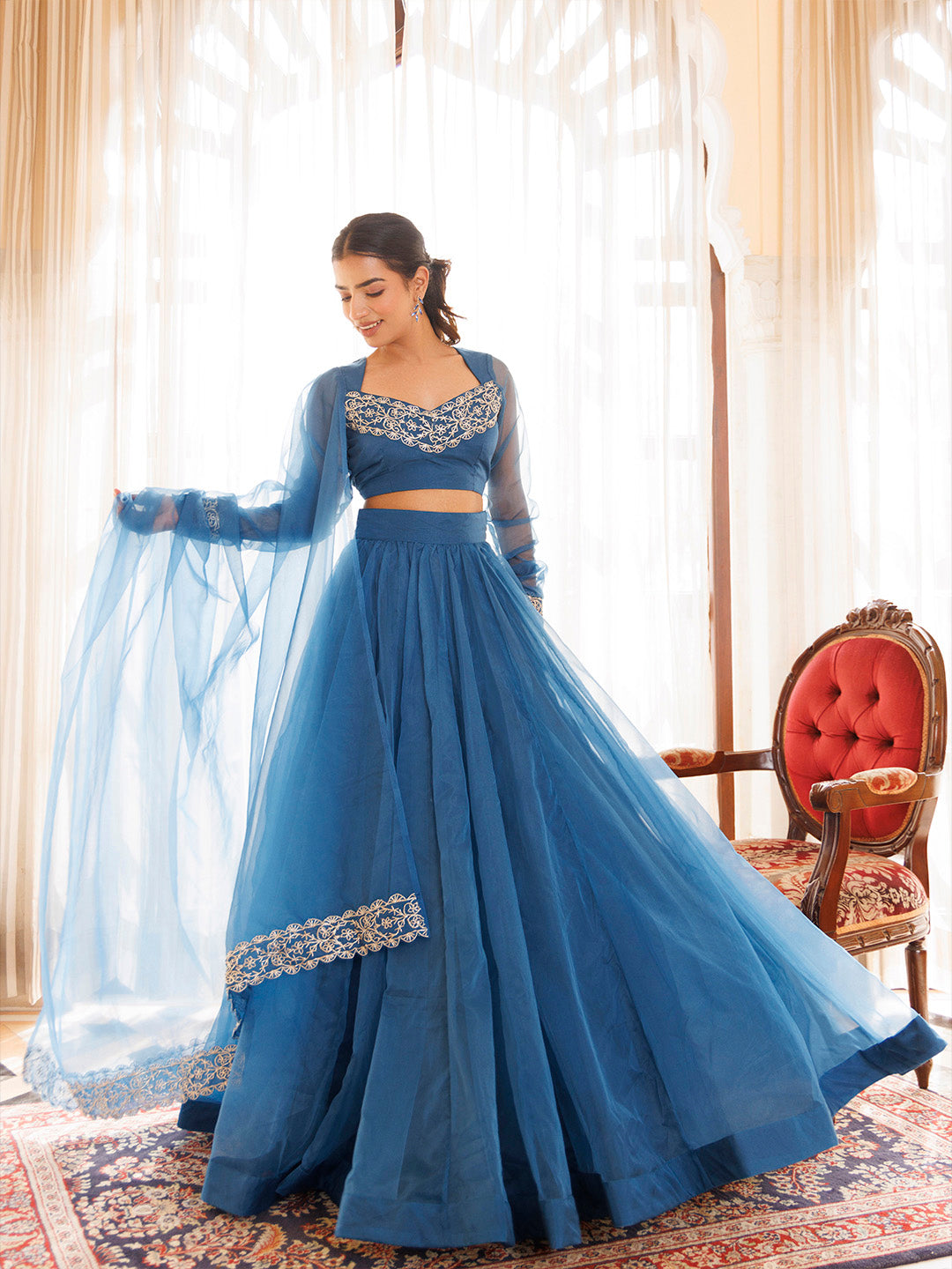 Navy Blue Organza Lehenga Set - By Ragavi - qivii