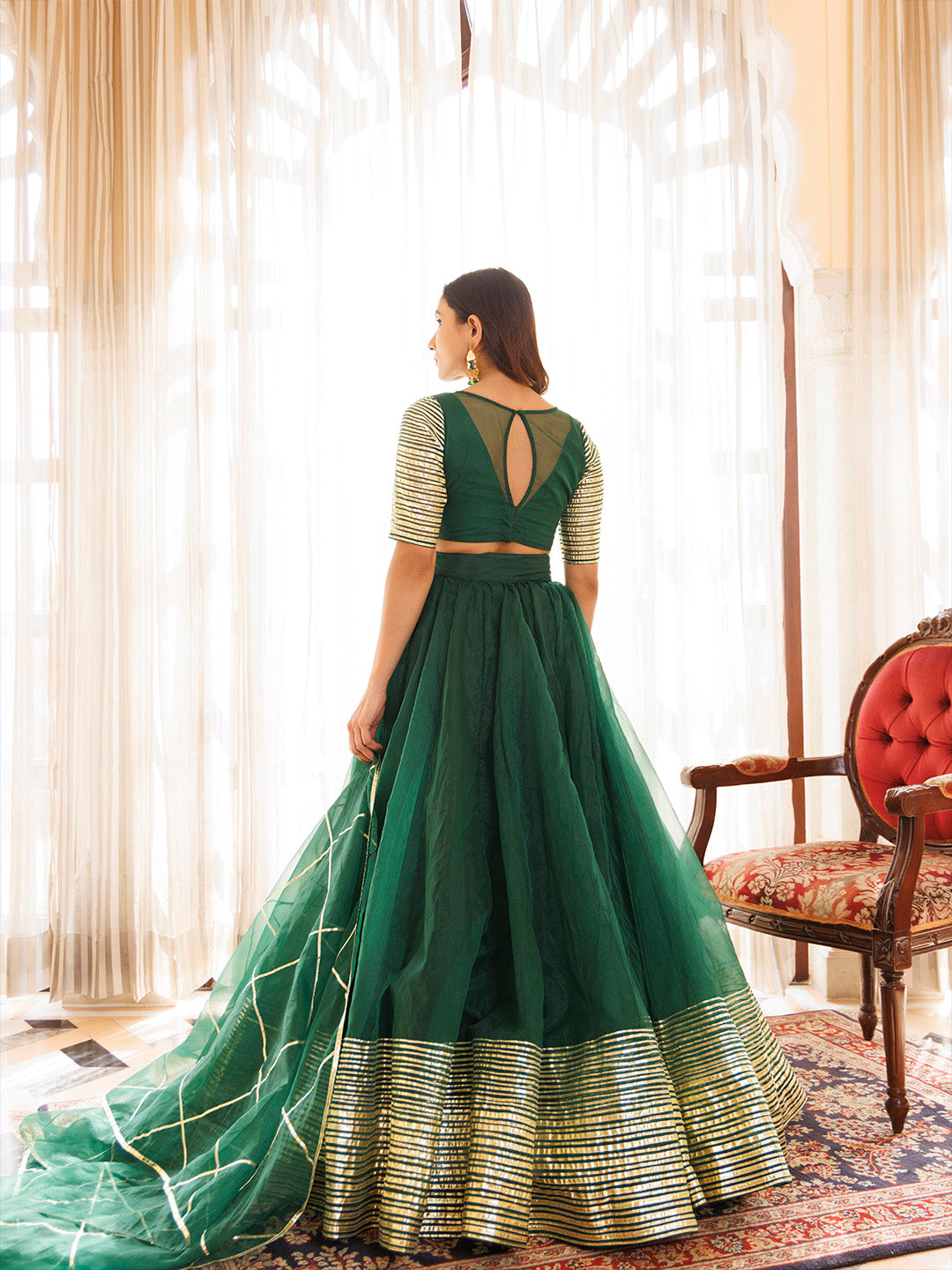 Emerald Green Organza Lehenga Set - By Ragavi - qivii