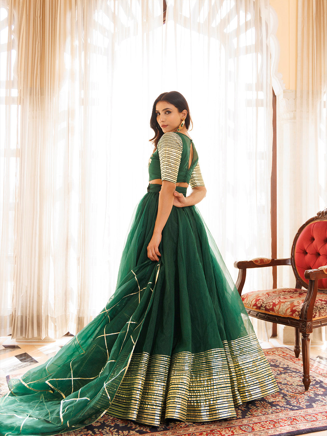 Emerald Green Organza Lehenga Set - By Ragavi - qivii