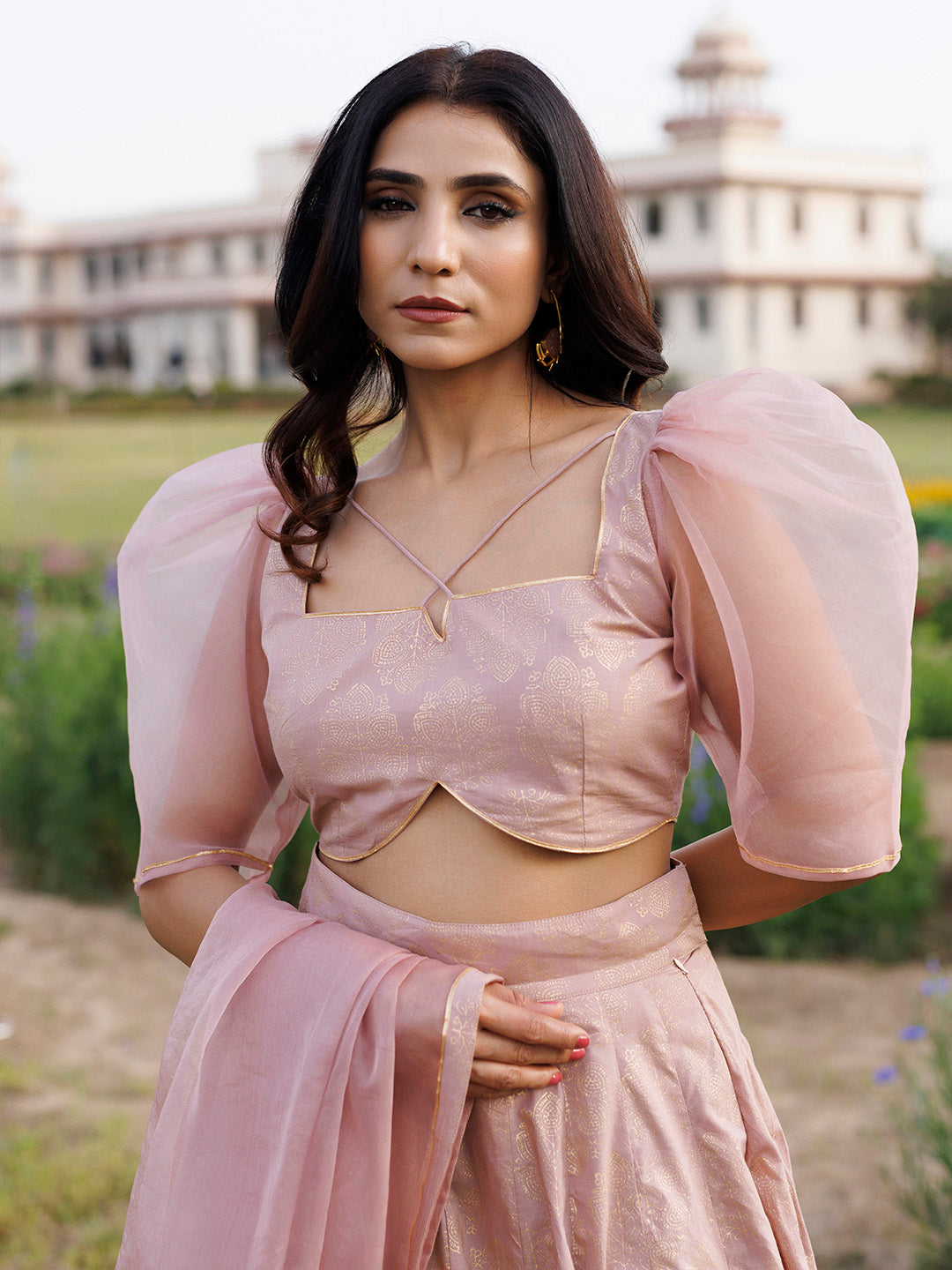 Rose Shadow Pink Handblock Printed Lehenga Set - By Ragavi - qivii