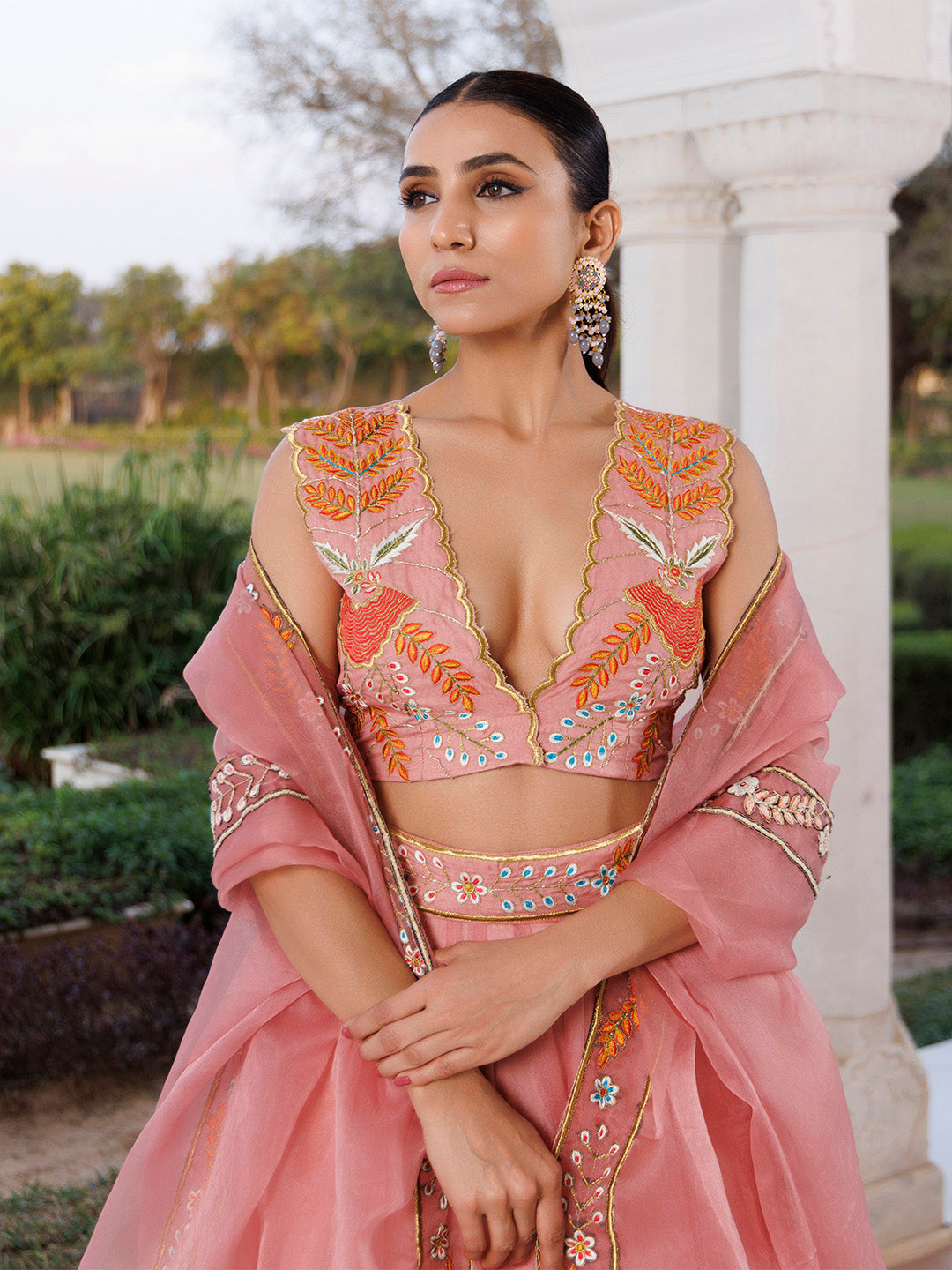 Peach Fuzz Embroidered Organza Lehenga Set