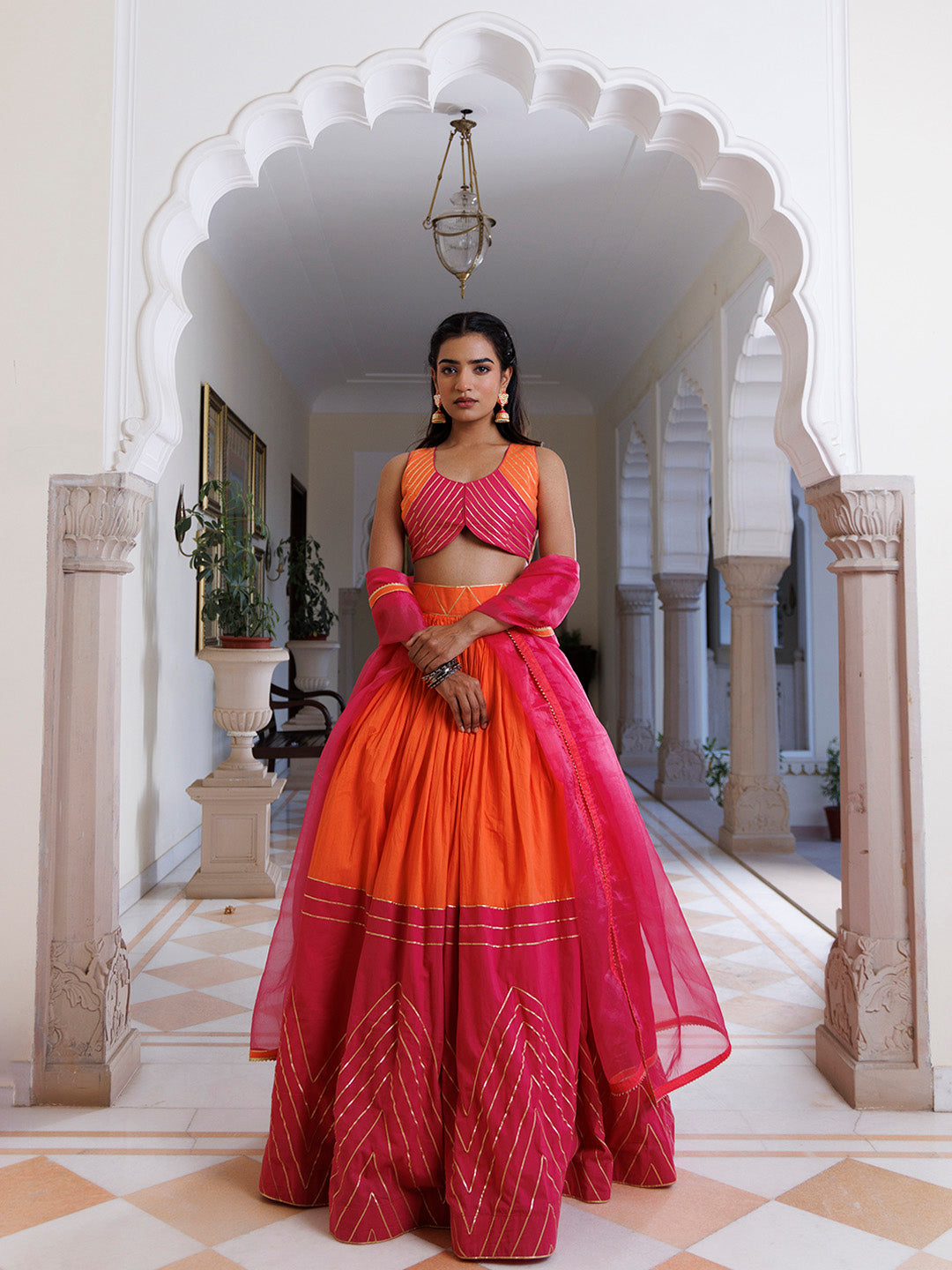 Pink Lemonade and Orange Cotton Lehenga Set - By Ragavi - qivii