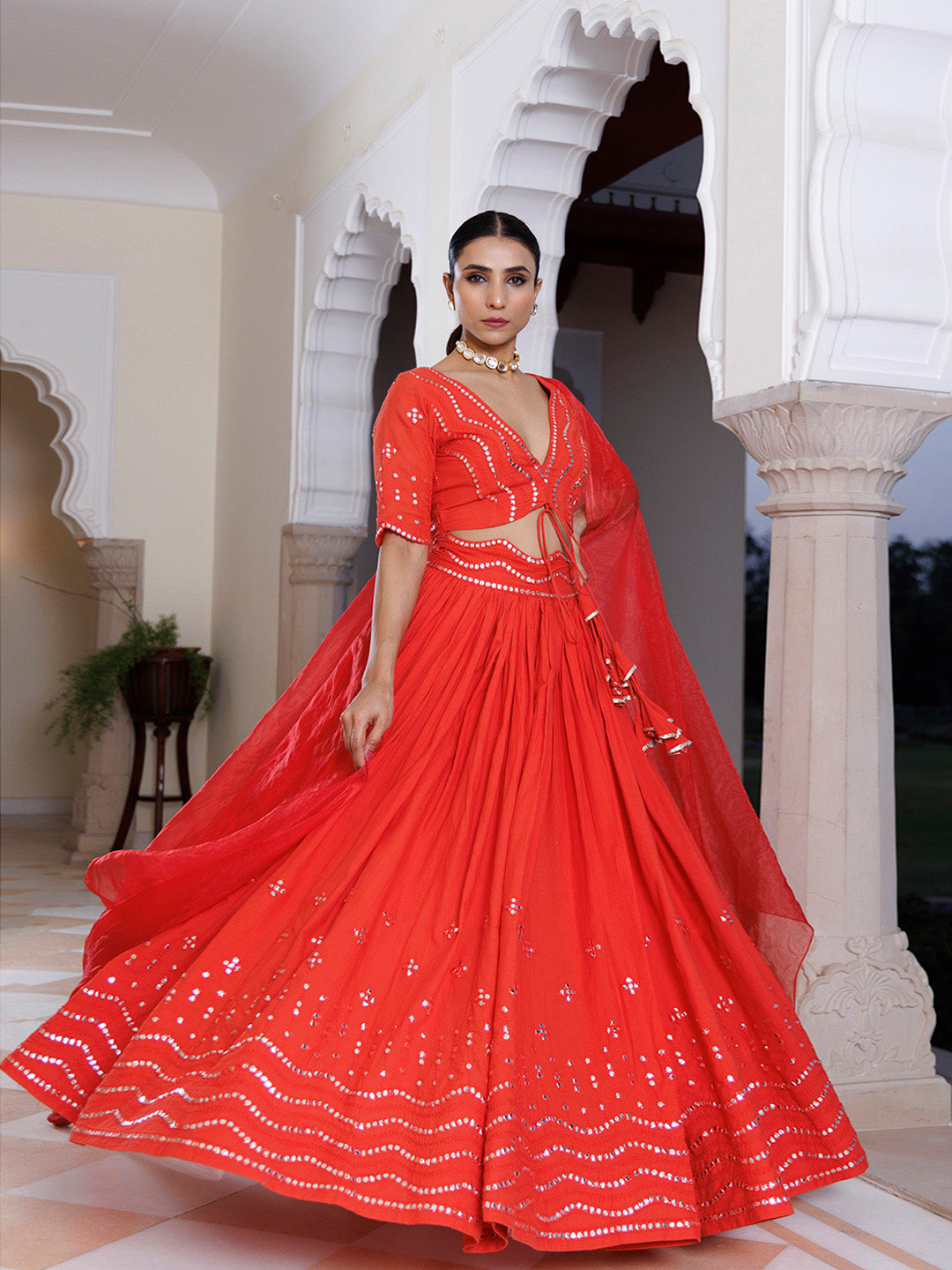 Red Cherry Mirror Work Embroidered Cotton Lehenga Set - By Ragavi - qivii