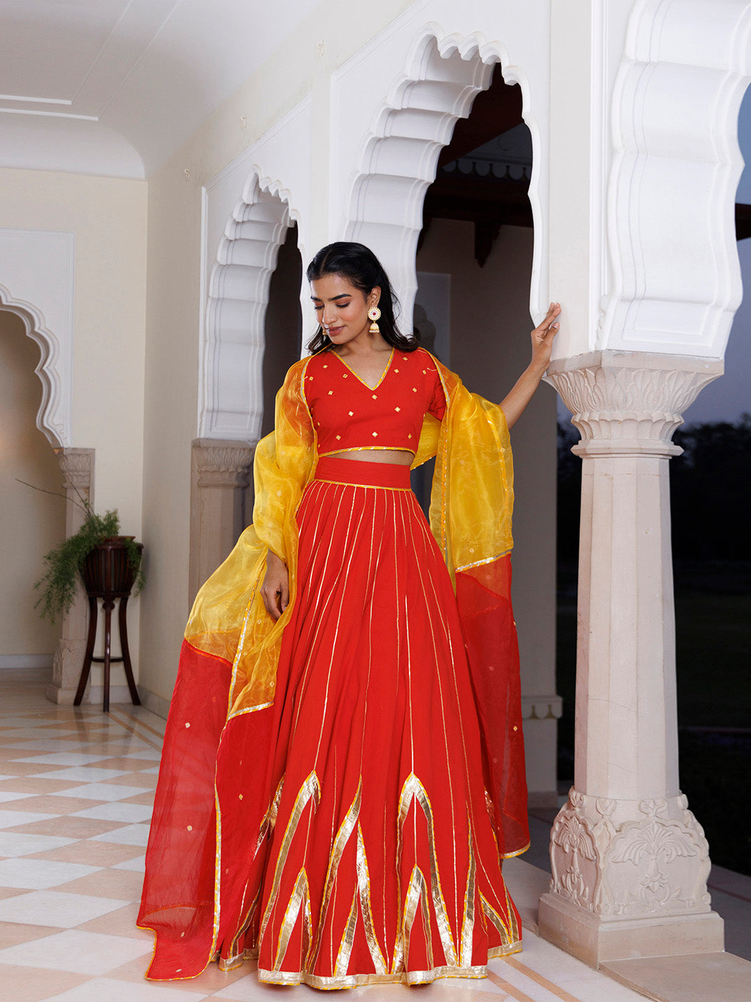 Red Alert and Yellow Cotton Lehenga Set - By Ragavi - qivii