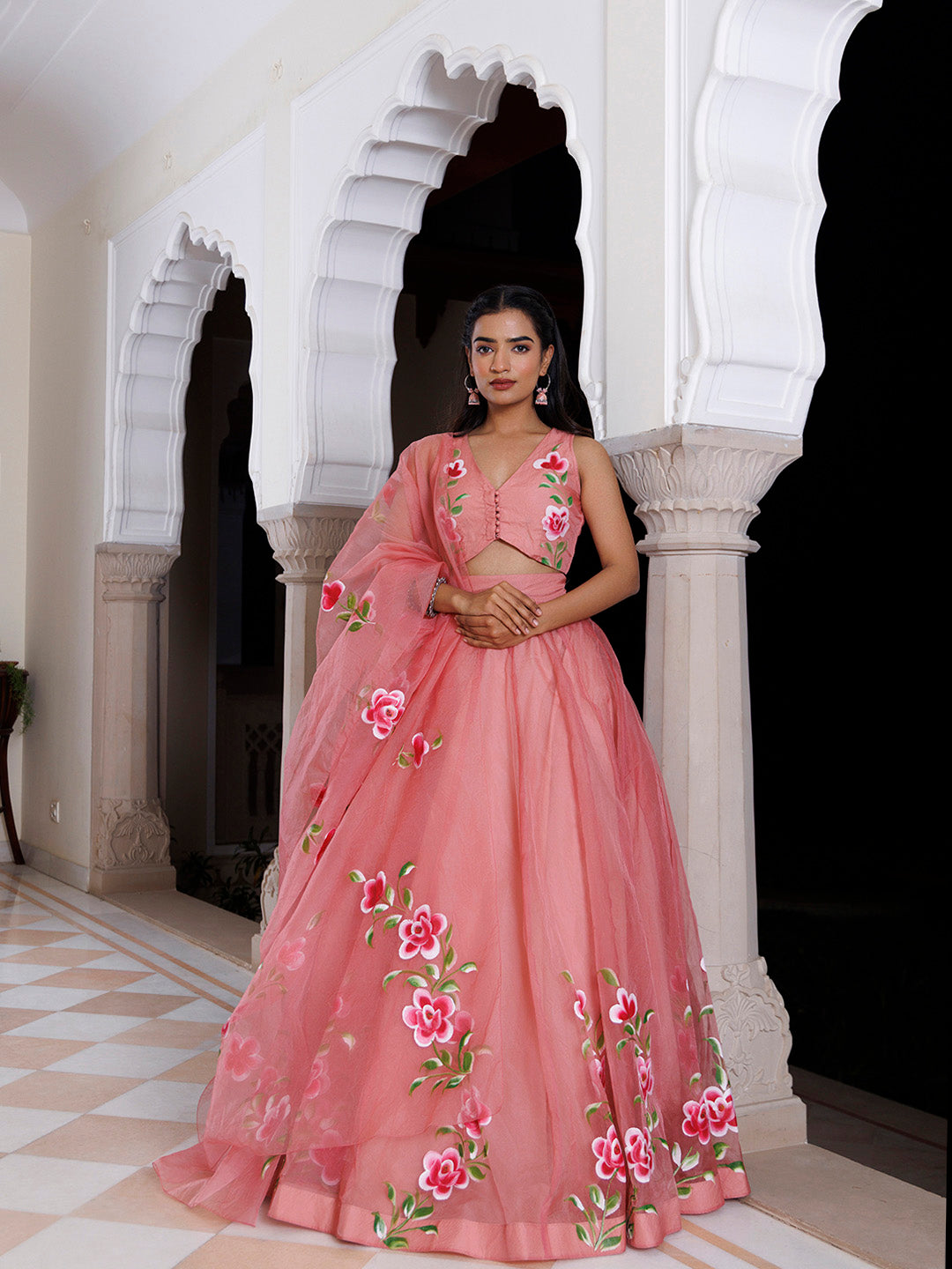 Eleganca in Bloom Pink Handpainted Organza Lehenga Set - By Ragavi - qivii