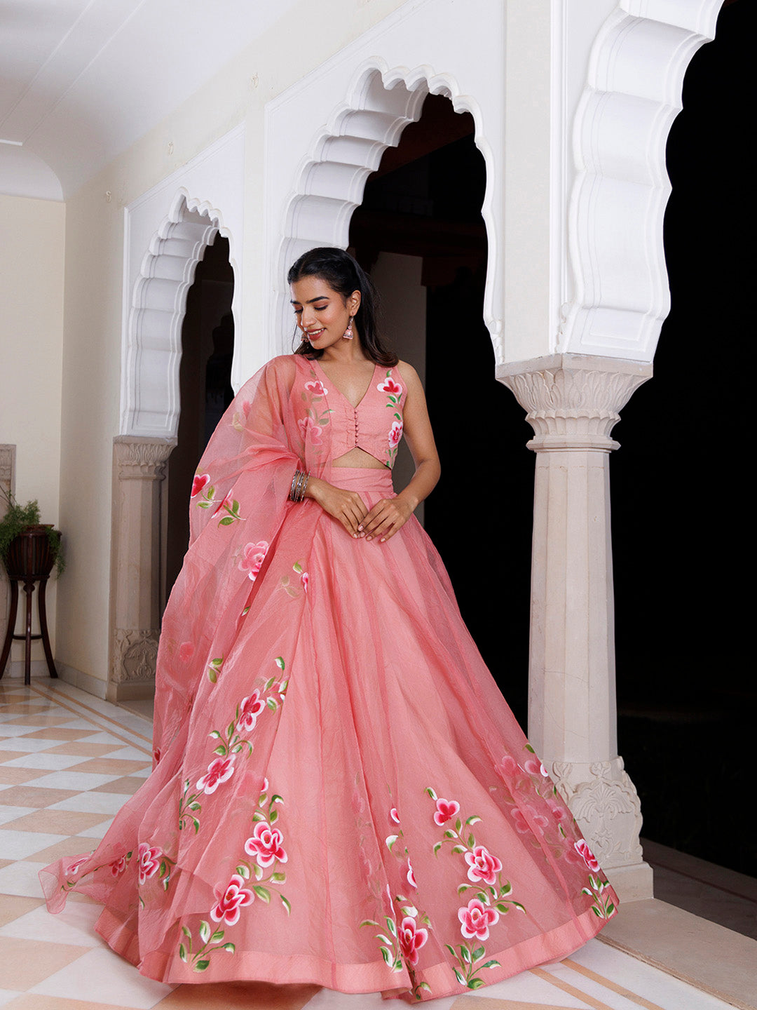 Eleganca in Bloom Pink Handpainted Organza Lehenga Set - By Ragavi - qivii