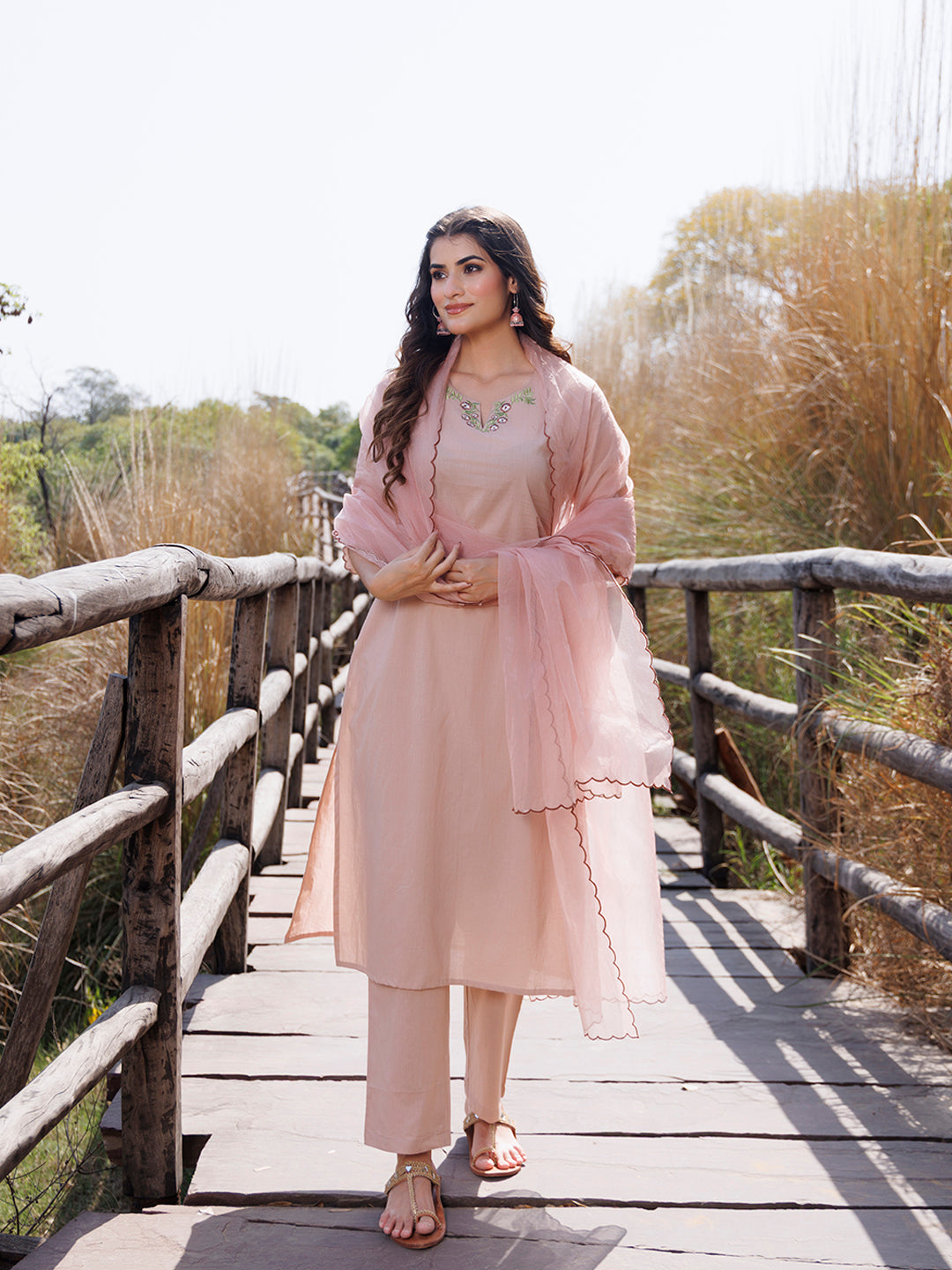 Mother Of Pearl Beige Cotton Embroidered Suit Set - By Ragavi - qivii