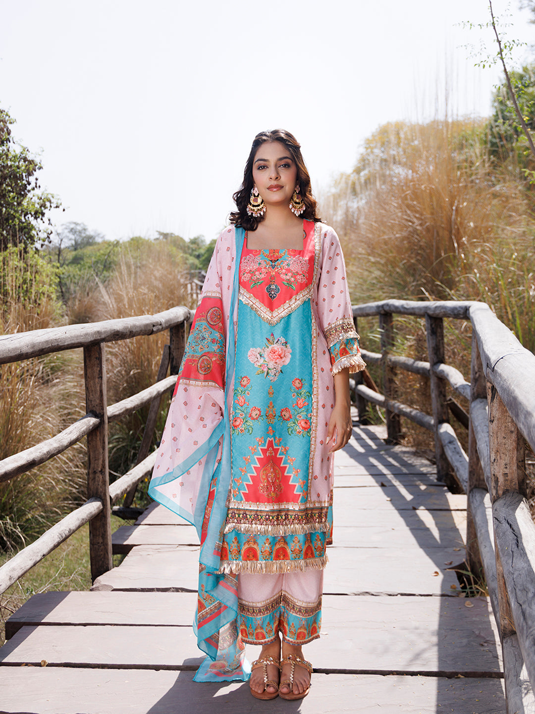 Pool Blue Pink Muslin Kurta Set