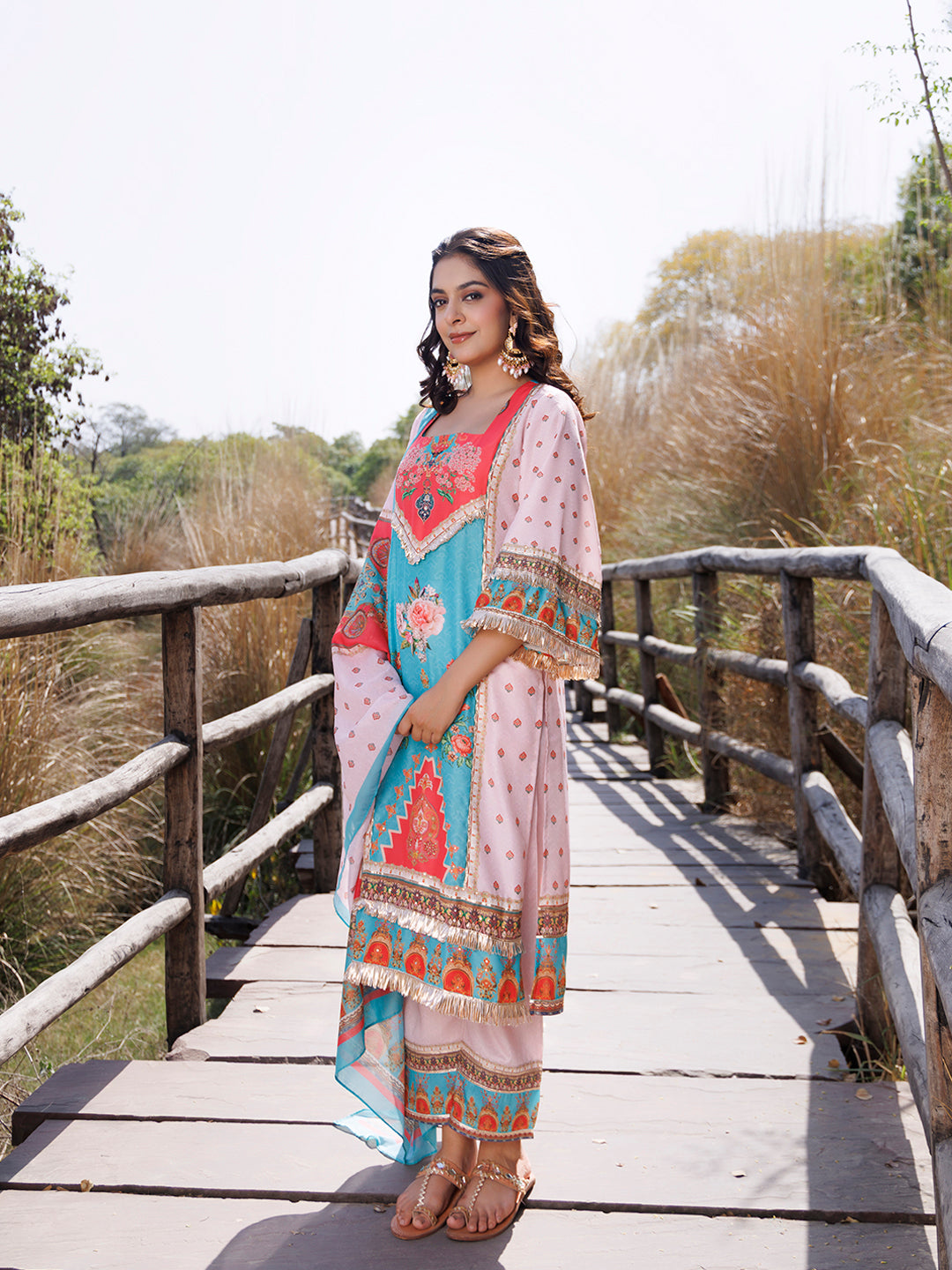 Pool Blue Pink Muslin Kurta Set
