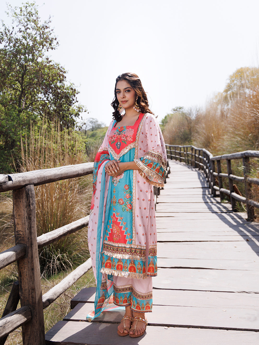 Pool Blue Pink Muslin Kurta Set