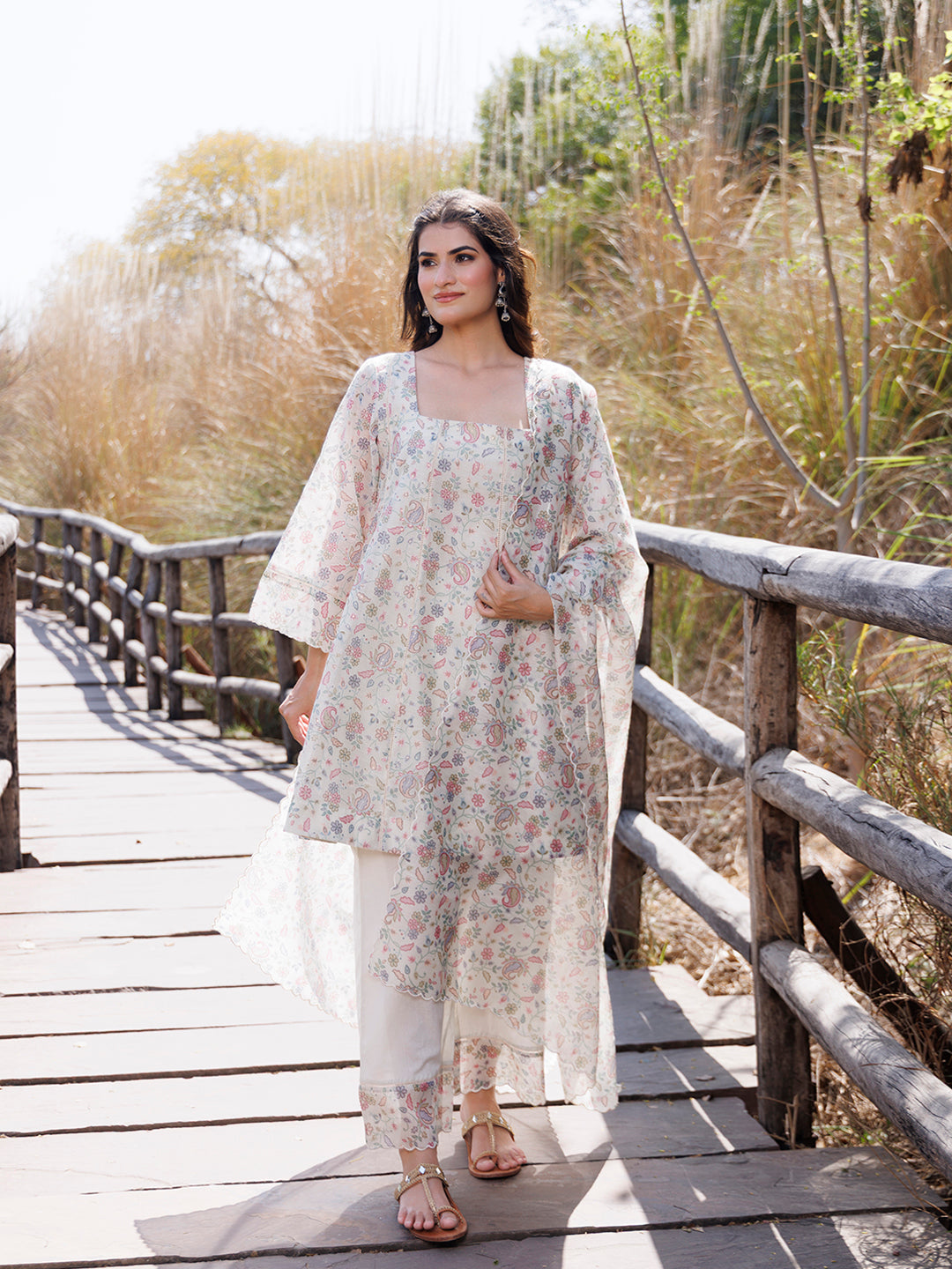 Warm Ivory Chanderi Suit Set - By Ragavi - qivii