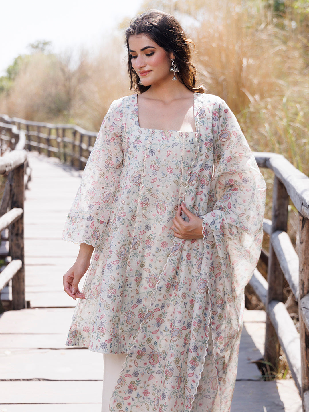 Warm Ivory Chanderi Suit Set - By Ragavi - qivii