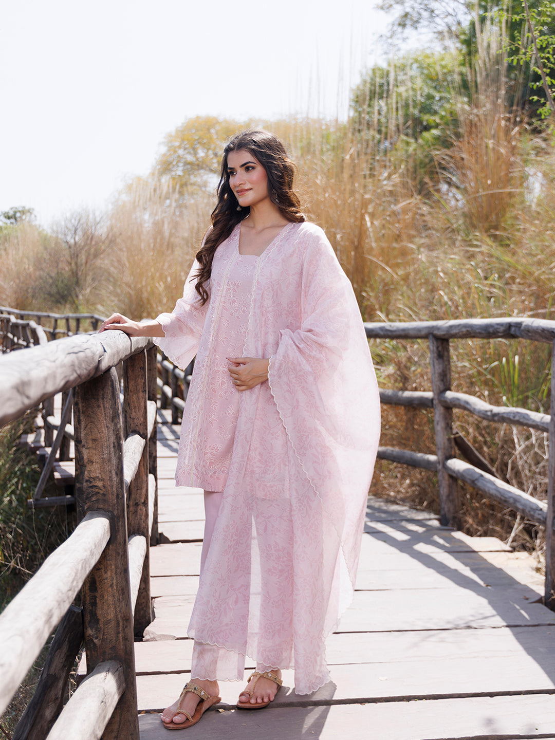 Tea Rose Pink Chanderi Suit Set - By Ragavi - qivii