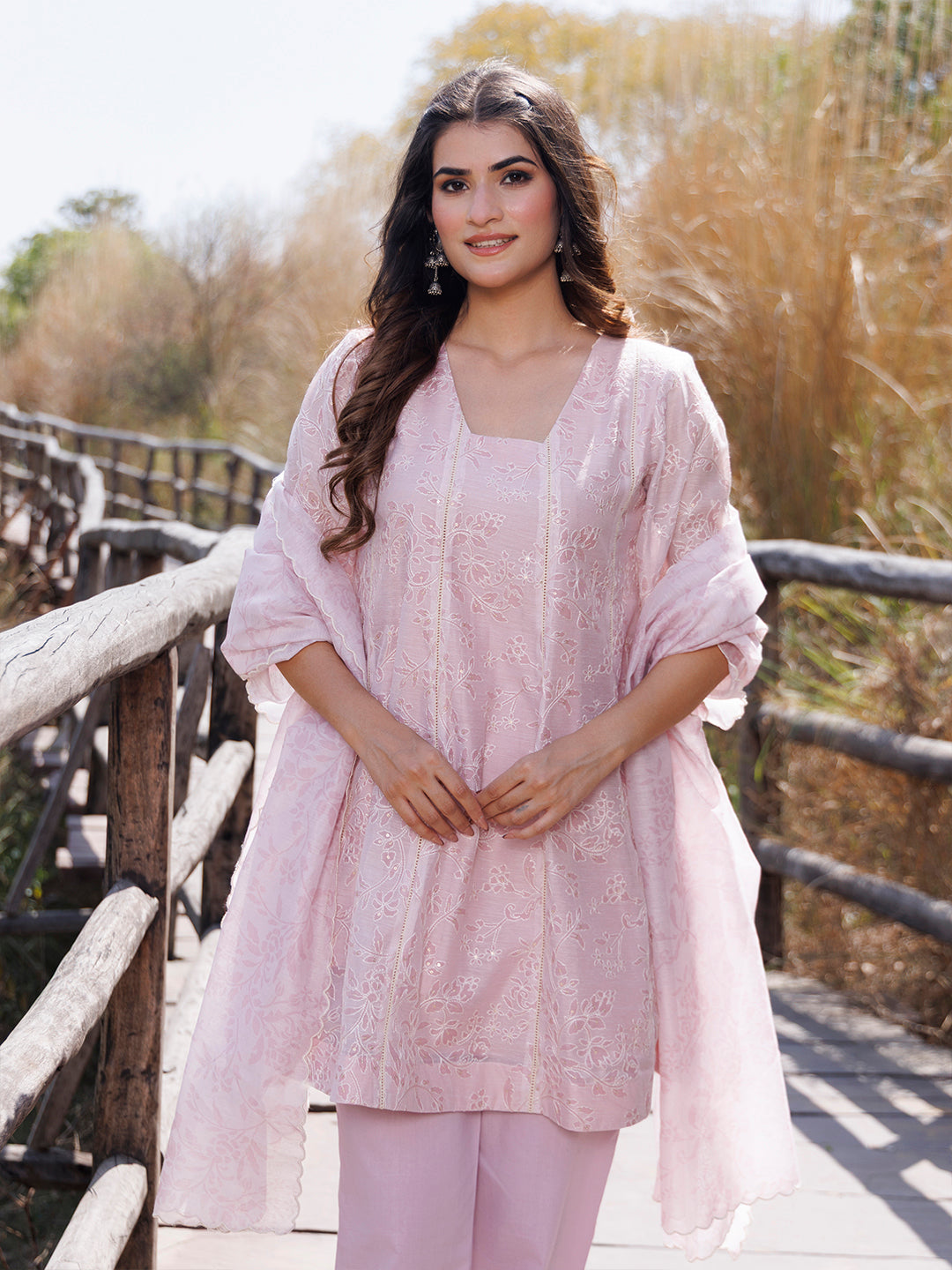 Tea Rose Pink Chanderi Suit Set - By Ragavi - qivii