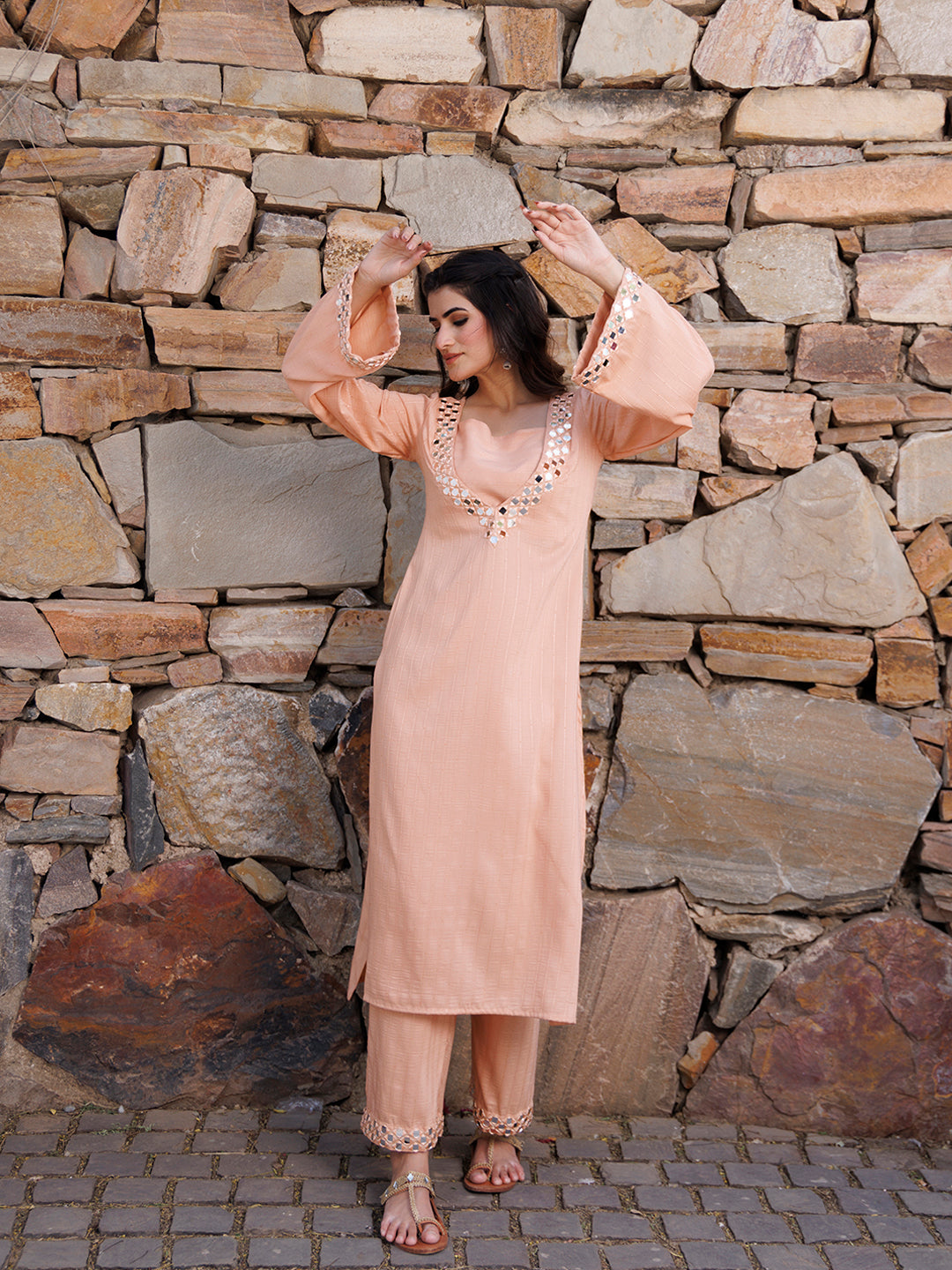 Peachy Keen Mirror Work Kurta Set - By Ragavi - qivii