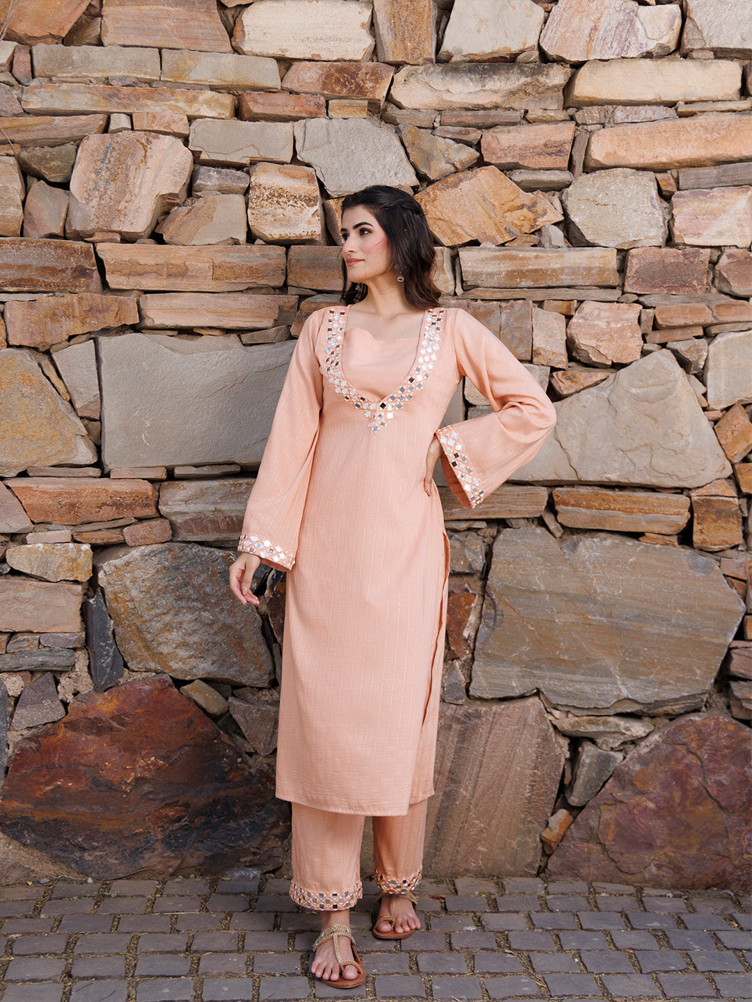 Peachy Keen Mirror Work Kurta Set - By Ragavi - qivii