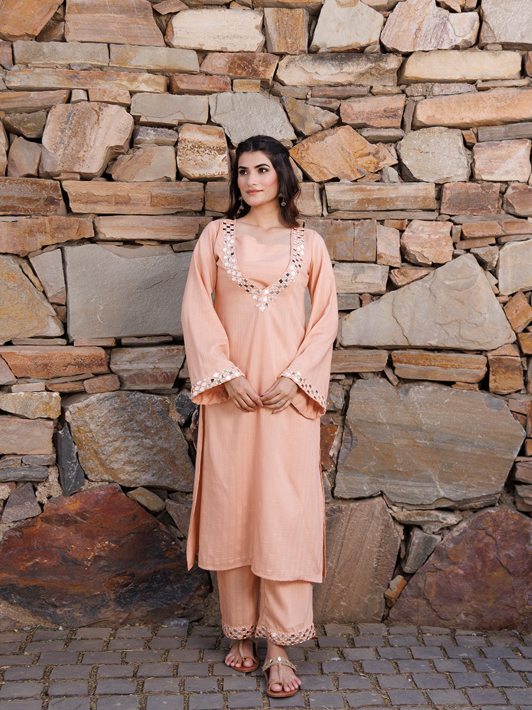 Peachy Keen Mirror Work Kurta Set - By Ragavi - qivii