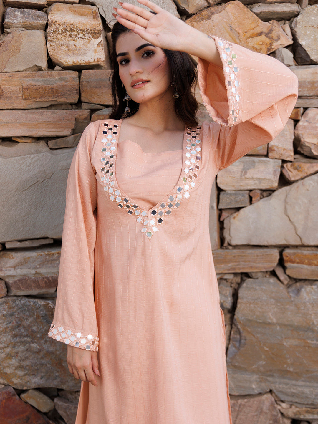 Peachy Keen Mirror Work Kurta Set - By Ragavi - qivii